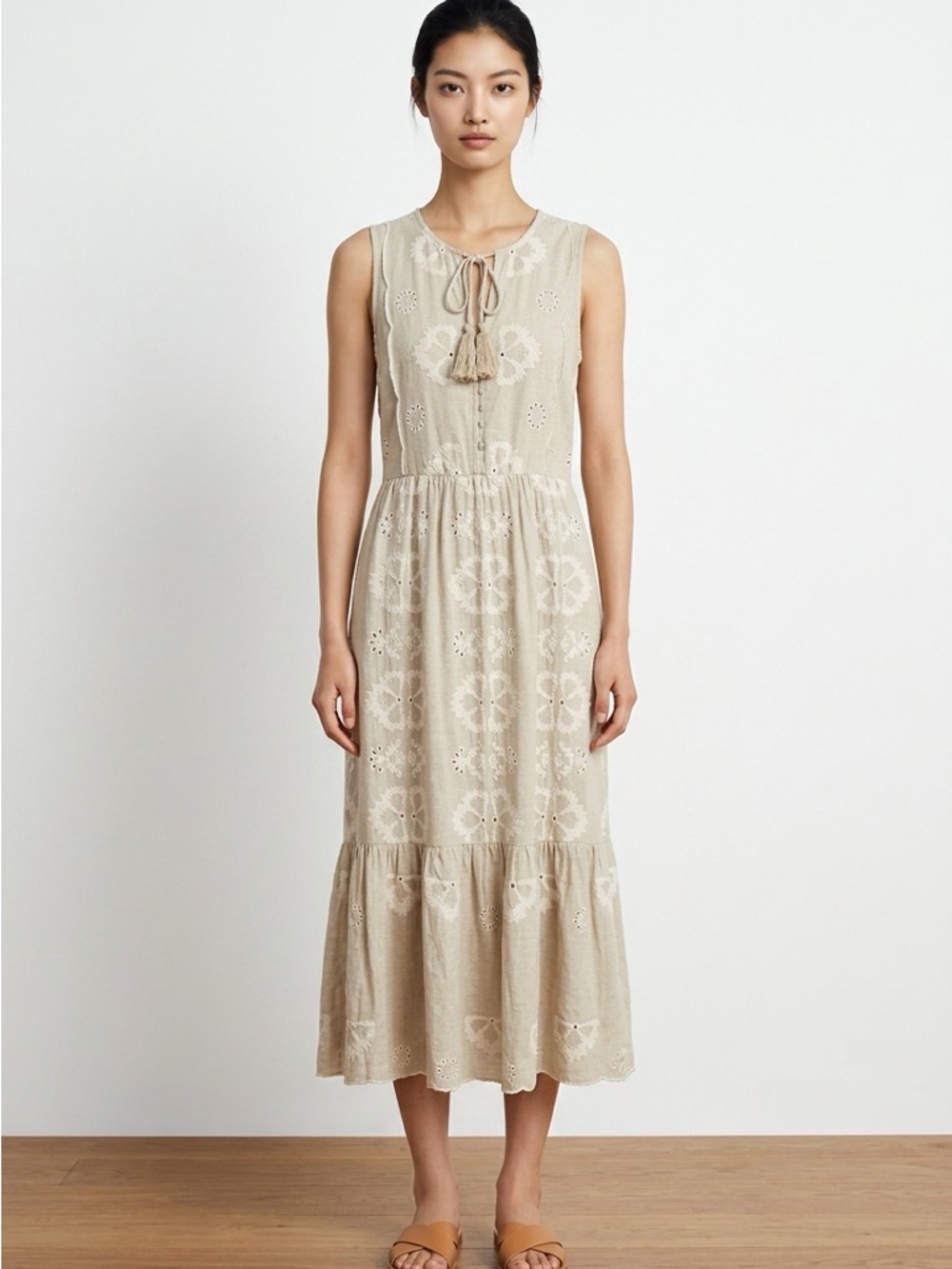 Sleeveless Beige Eyelet Midi Dress with Tassel Tie | Ellen Tracy | XS | Linen